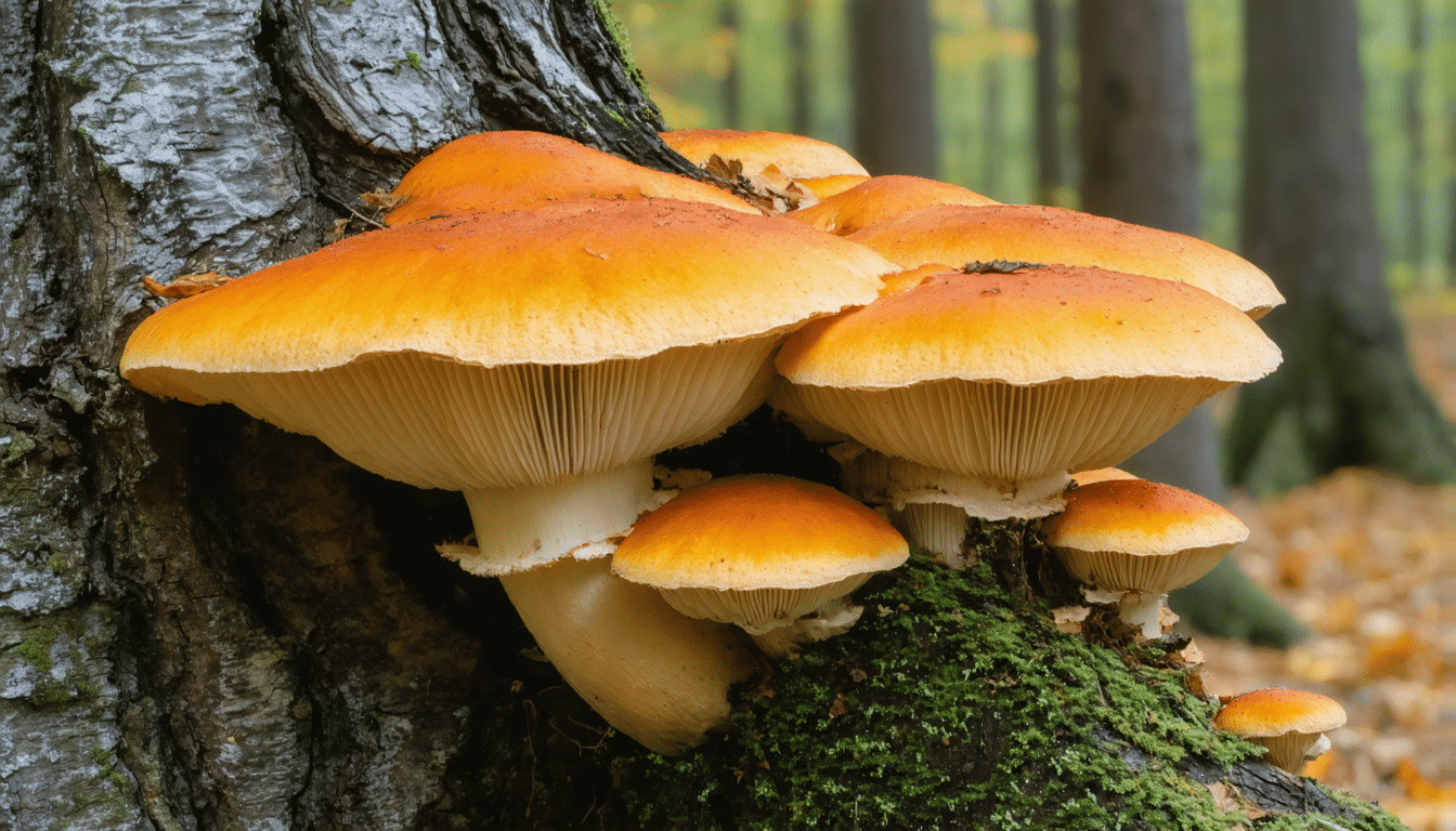 d&eacute;couvrez les principales esp&egrave;ces de champignons orange se d&eacute;veloppant sur bois mort et leur r&ocirc;le essentiel dans l'&eacute;cosyst&egrave;me forestier.