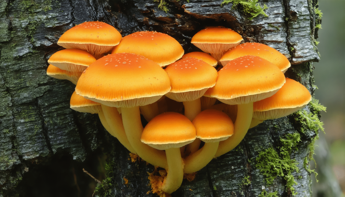 d&eacute;couvrez les esp&egrave;ces courantes de champignons orange poussant sur bois mort et comprenez leur r&ocirc;le biologique essentiel dans la d&eacute;composition et le recyclage des nutriments en for&ecirc;t.
