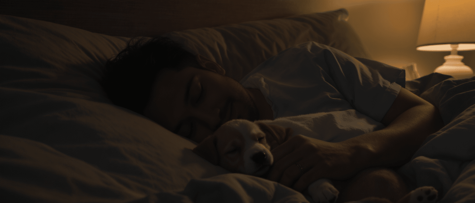 d&eacute;couvrez l'histoire touchante d'un chiot qui ne parvient pas &agrave; s'endormir sans la pr&eacute;sence rassurante de son ma&icirc;tre, trois semaines apr&egrave;s avoir &eacute;t&eacute; veill&eacute; chaque nuit.