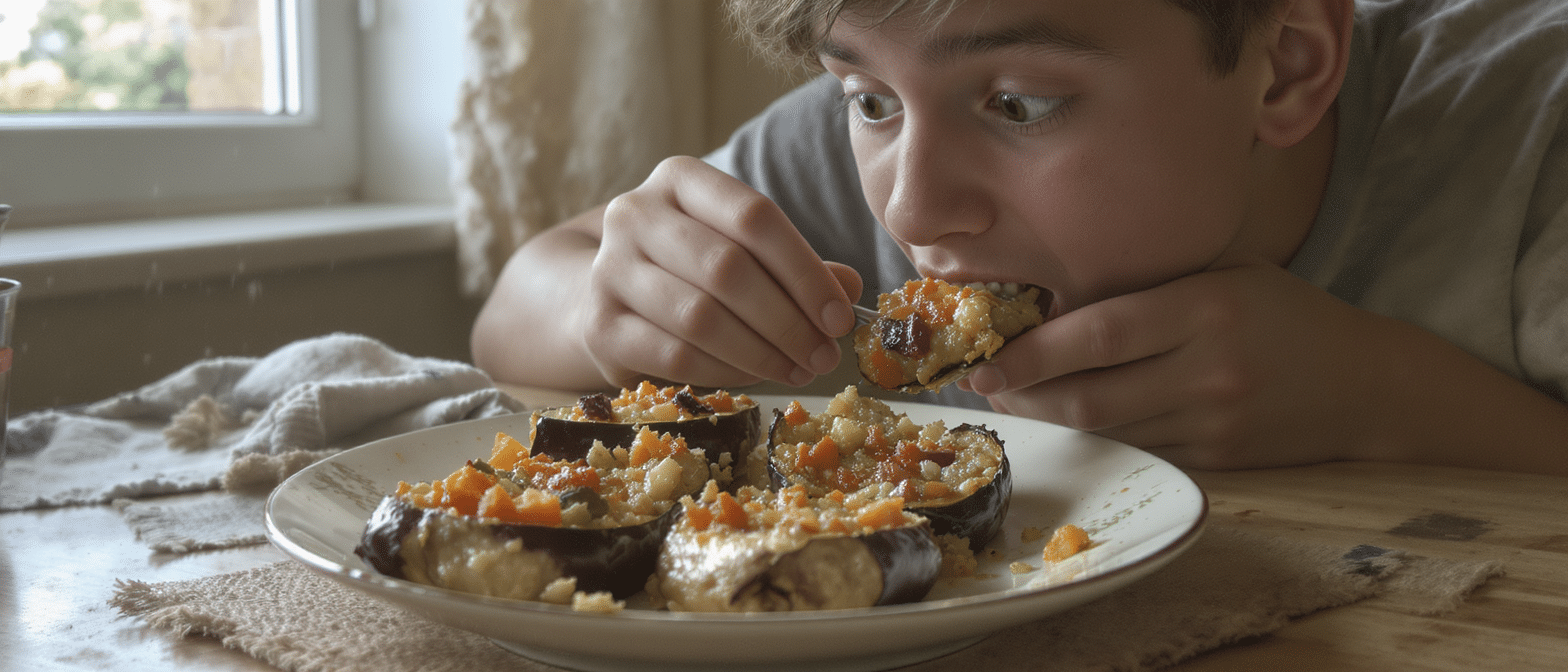 d&eacute;couvrez ma recette d'aubergines farcies revisit&eacute;es avec une garniture v&eacute;g&eacute; savoureuse qui a s&eacute;duit m&ecirc;me mon ado carnivore. une explosion de saveurs healthy &agrave; tester absolument !