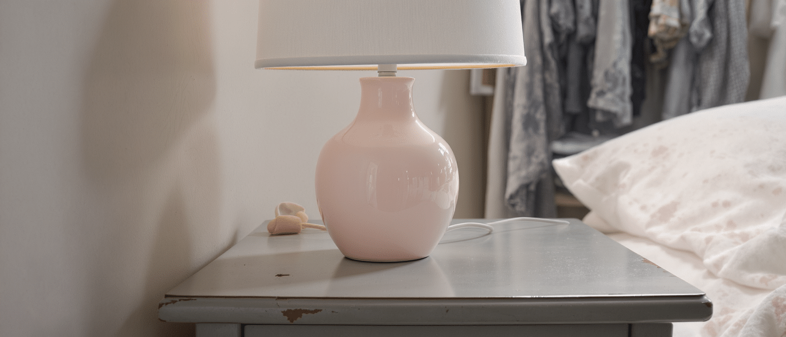 d&eacute;couvrez cette lampe en c&eacute;ramique rose &agrave; seulement 16 &euro;, pos&eacute;e sur ma table de chevet. une trouvaille surprenante dans une boutique de v&ecirc;tements : devinez laquelle !
